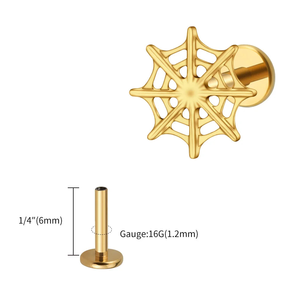 Right Grand ASTM F136 Titanium 16G Spider Web Stud Earring Cartilage Tragus Helix Conch Ear Lobe Flat Piercing Halloween Jewelry