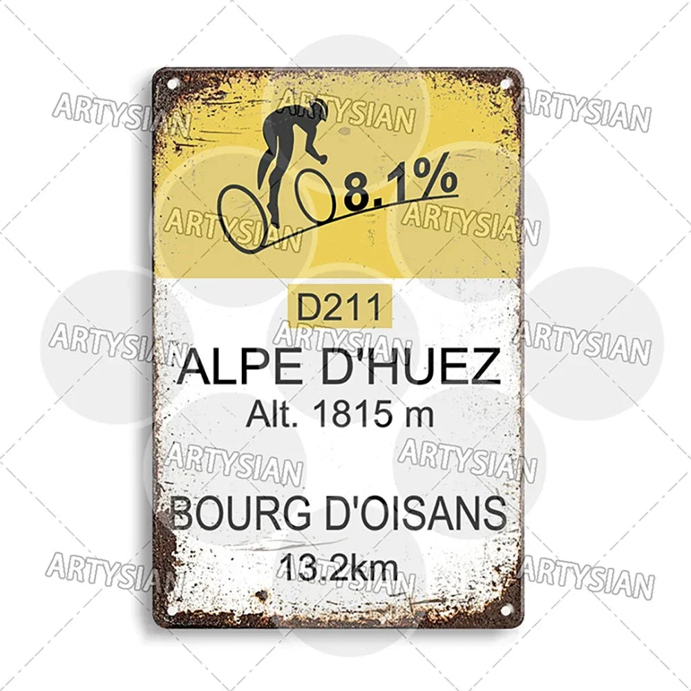 Tour de France Metal Sign Cycling Plaque Paves Du Paris Roubaix Col du Galibier Col de Sarenne Alpe d'Huez Mont Ventoux Glandon