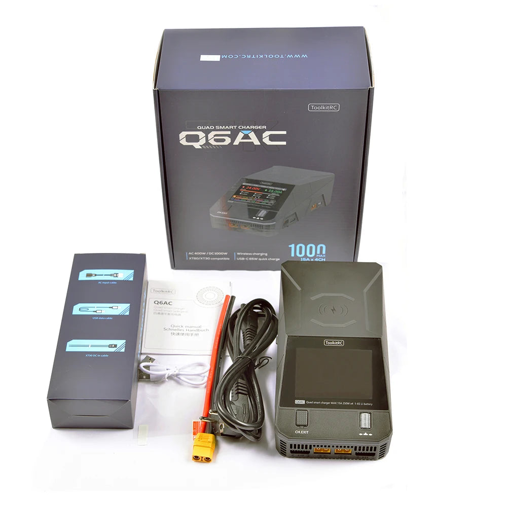 NEW ToolkitRC Q6AC Charger AC 400W/DC 1000W 4CH output Built-in 65W USB A/TYPEC Output ,LiPo, 1-6S，NiMH 1-16S,PB 1-10S Charger