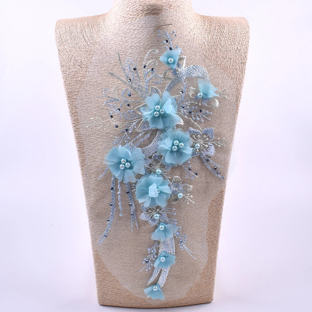 1Pc Pink Blue 3D Flower Bead Embroidery Patch Mesh Fabric Applique Sew Wedding Dress Clothes Decor Diy Repair