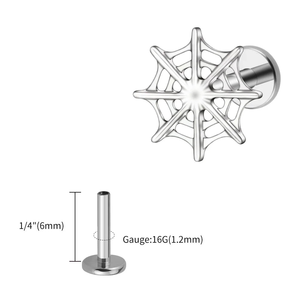 Right Grand ASTM F136 Titanium 16G Spider Web Stud Earring Cartilage Tragus Helix Conch Ear Lobe Flat Piercing Halloween Jewelry