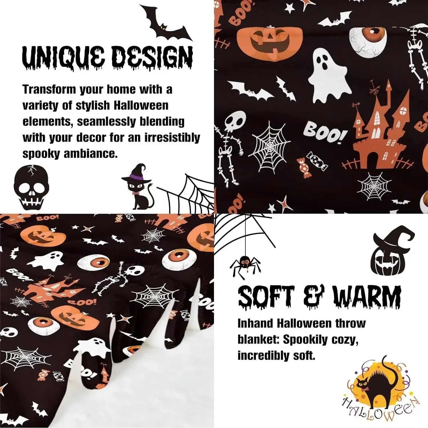 Halloween Blanket Printed Blanket Pumpkin Castle Eyeball Ghosts Bats for Kids Flannel Black Orange Sofa Blanket