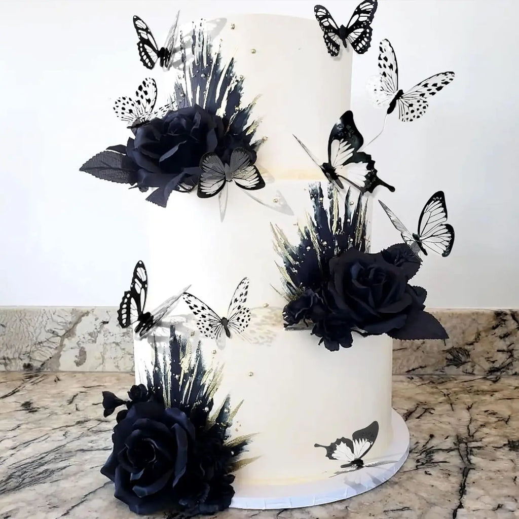 23pcs Goth Birthday Decorations Black Roses Topper Black Shiny Butterfly Death Cake Decoration for Halloween Birthday Supplies