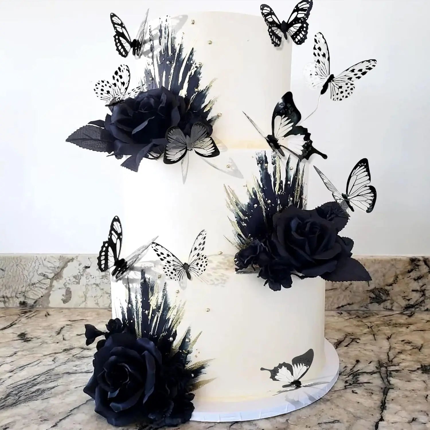23pcs Goth Birthday Decorations Black Roses Topper Black Shiny Butterfly Death Cake Decoration for Halloween Birthday Supplies