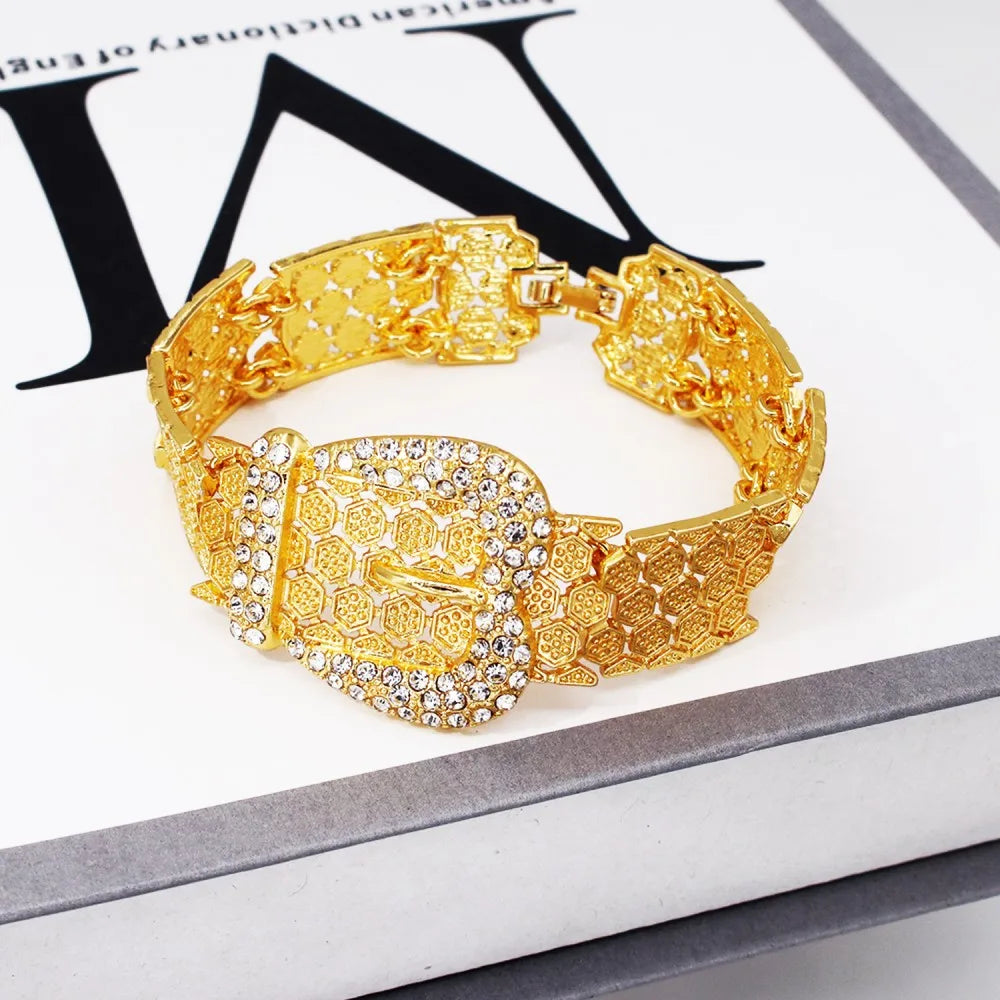 Trendy Statement Big Jewelry Set Africal Dubai Gold Color Large Necklace Chic Bangle Bracelet Long Earring Ring Set Wedding Gift