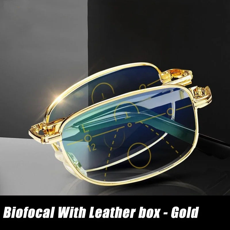 2024 Bifocal Folding Reading Glasses With Leather Box Men Women Collapsible Metal Lenses Eyewear Farsighted Eyeglasses Diopter