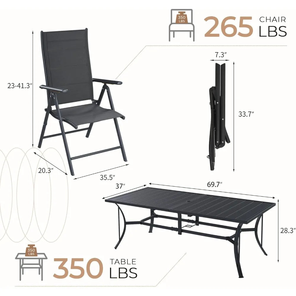 Outdoor Dining Set - 8 Padded Aluminium Folding Chairs & Adjustable Steel Table, Low-Maintenance Garden Furniture for Backyard