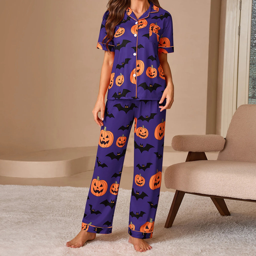 Women Halloween Pajama Set, Pumpkin Bat Print Short Sleeve Button Closure Shirt with Pants Sleepwear Loungewear
