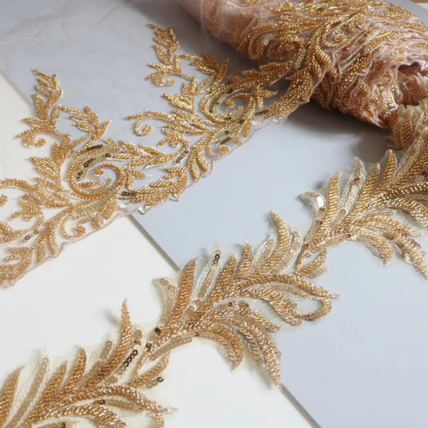 2Yards Beaded Embroidery Gold Lace Wedding Dress Veil Children's Clothing Headwear Trims 13cm~25cm