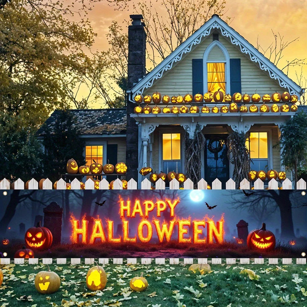 One Halloween-themed banner, featuring a creepy cemetery, bat and pumpkin lantern design