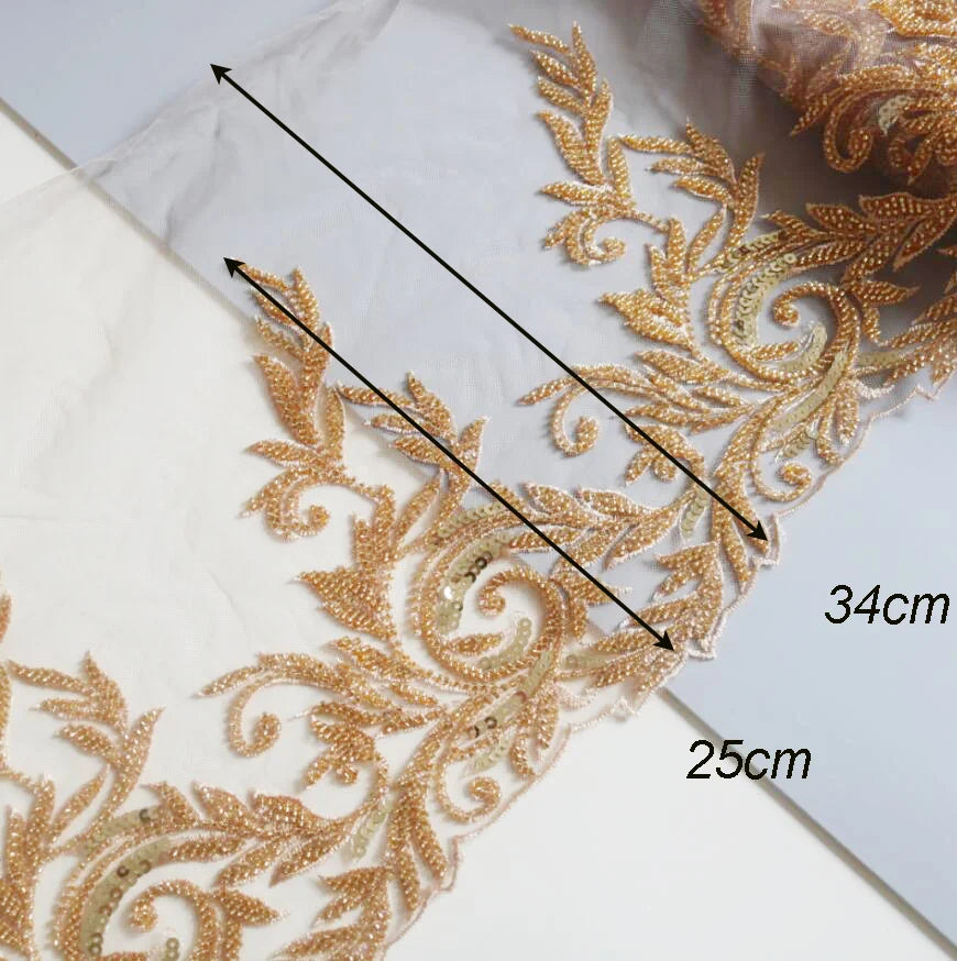 2Yards Beaded Embroidery Gold Lace Wedding Dress Veil Children's Clothing Headwear Trims 13cm~25cm