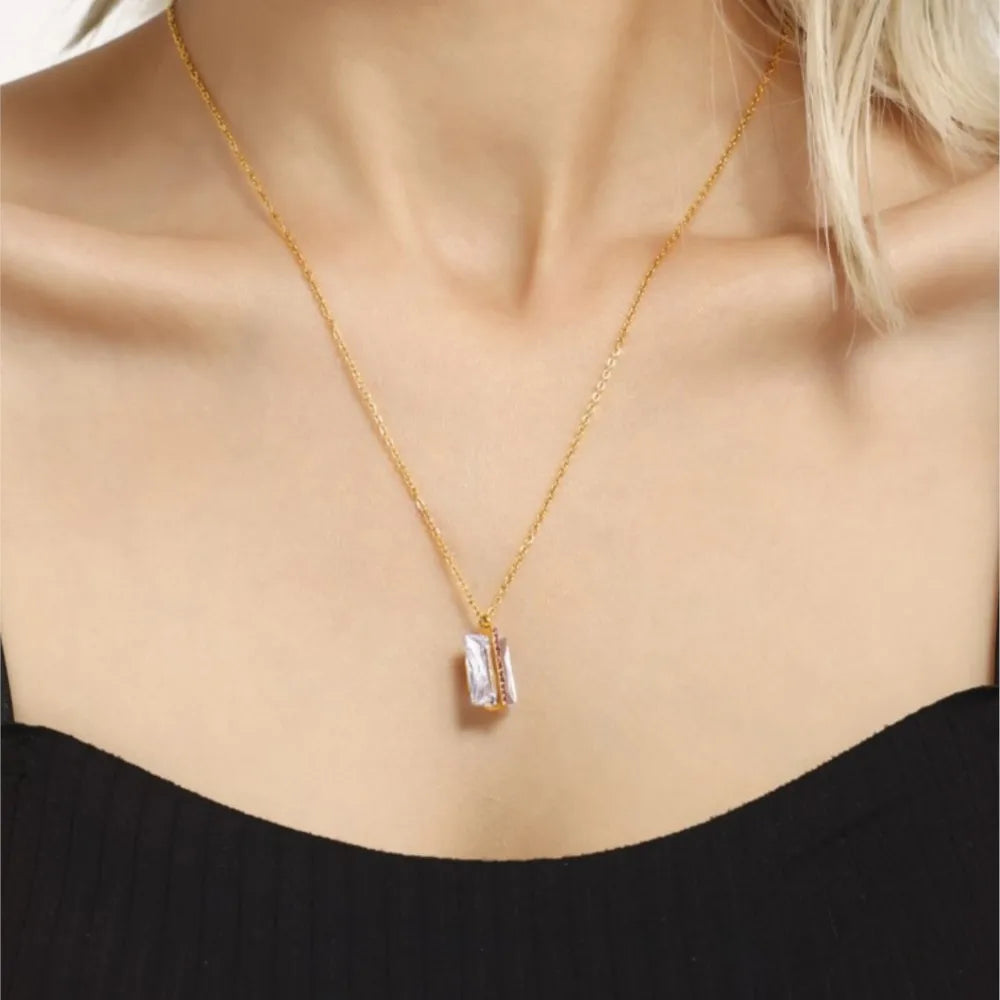 Chain Necklace In Stainless Steel With Large Square Zircon Pendant 18k Gold Plated Luxury Neck Chains Charm Necklaces For Women