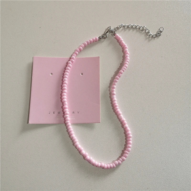 Kpop Goth Y2K Cute Pink Ribbon Bowknot Heart Pendant Pearl Beads Choker Necklace Girl Charm EMO 2000s Lolita Jewelry Accessories