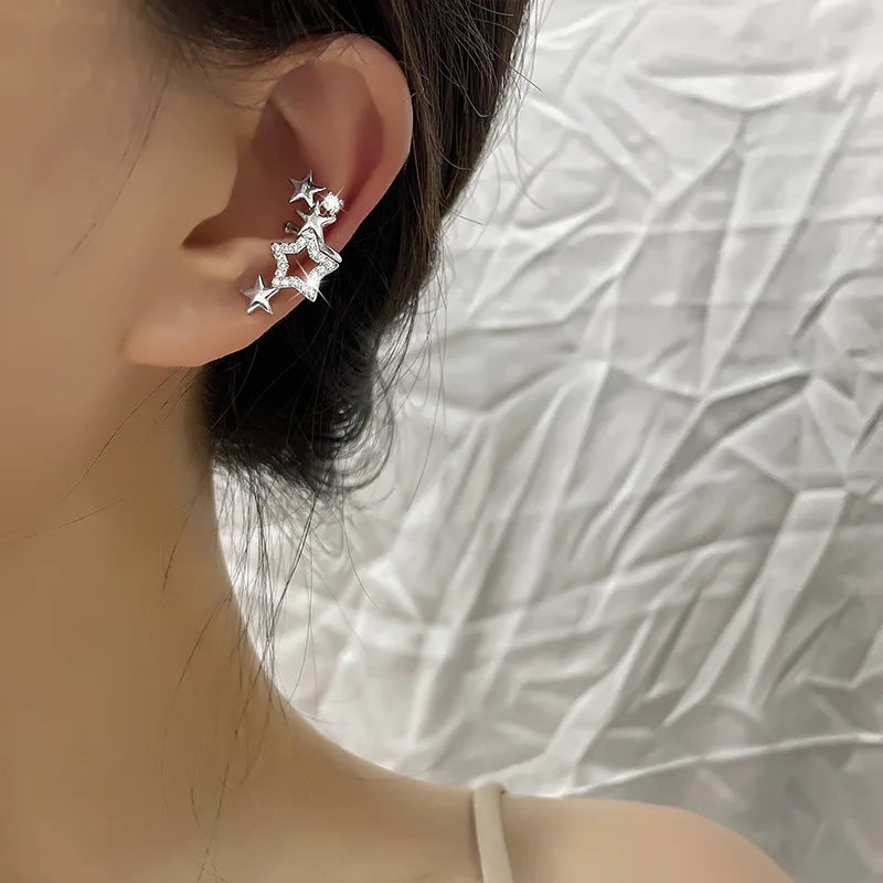 Korean Exquisite Zircon Star Ear Clip for Women Without Piercing Long Tassel Sweet Ear Cuff Clip Earrings Wedding Jewelry Gift