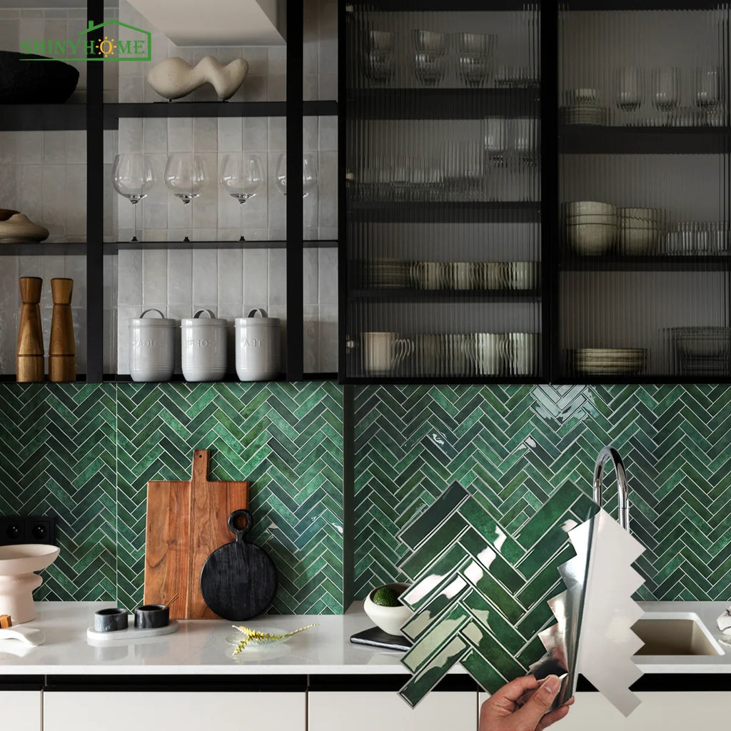 1/5/10/30pcs Green Herringbone 3D Self-adhesive Wall Tile Heat Resistant Peelable Kitchen Backsplash Waterproof Bathroom Wall Ti