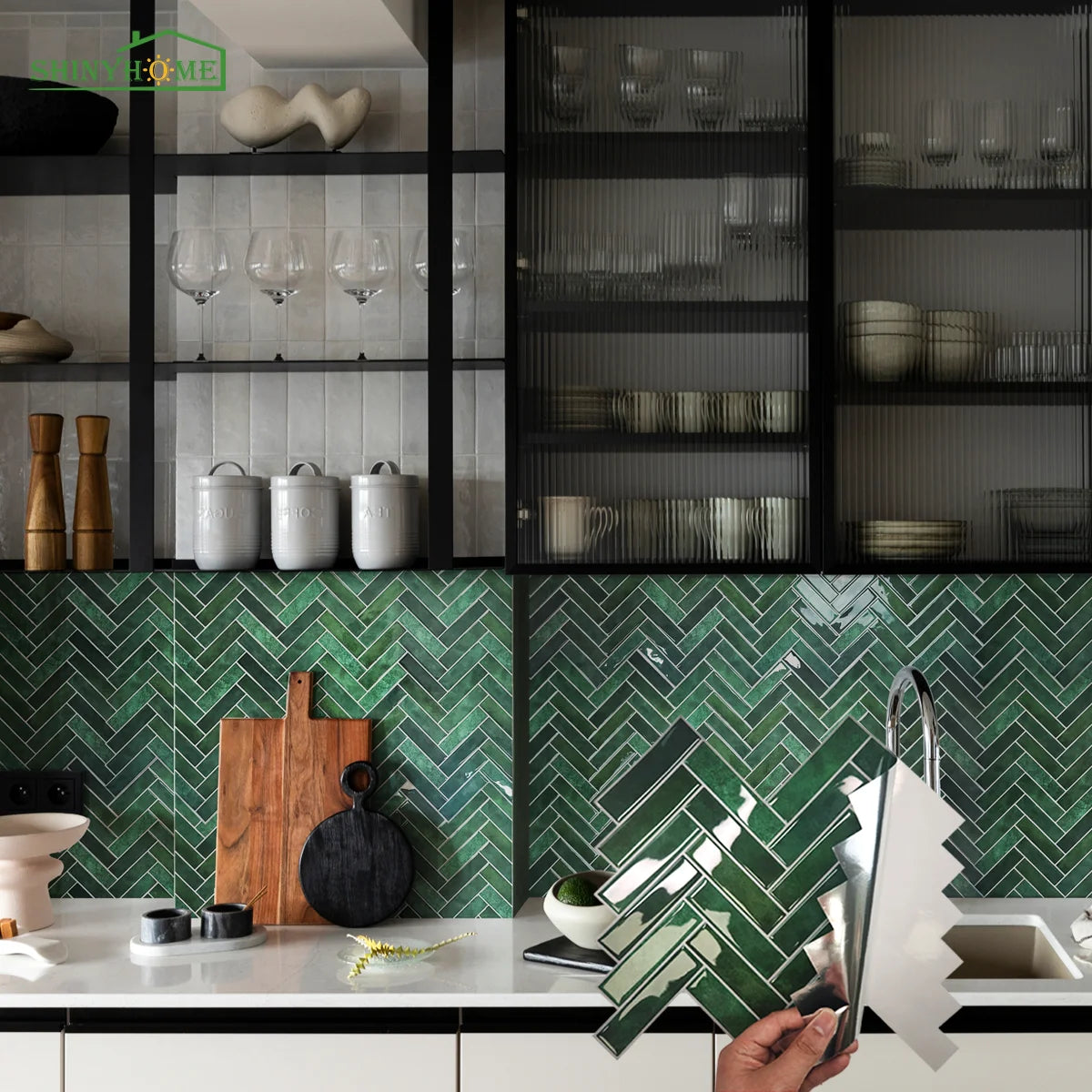 1/5/10/30pcs Green Herringbone 3D Self-adhesive Wall Tile Heat Resistant Peelable Kitchen Backsplash Waterproof Bathroom Wall Ti