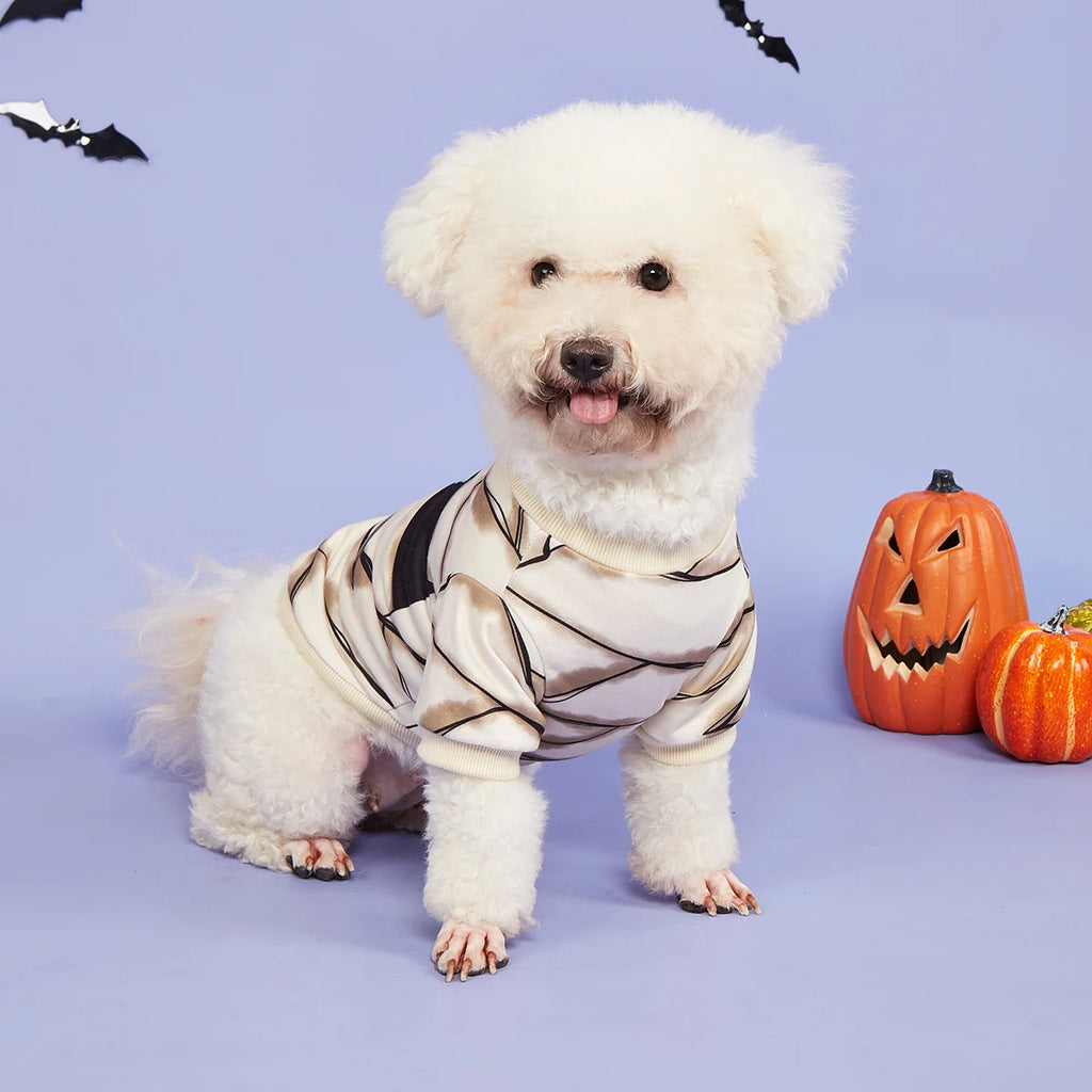Halloween Pet Mummy Costume, Cute Dog/Cat Outfit with Bandage Design, Beige Short - Sleeved Pet Top, Festive Dress for Small Pet