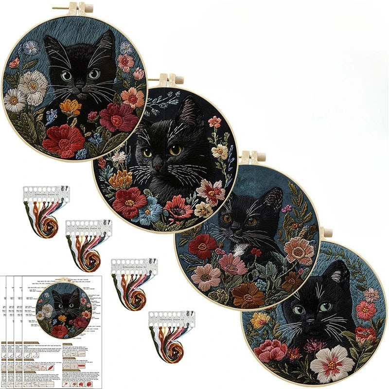 DIY Cat and Flower Embroidery Kit for Beginners Complete Handmade Cross Stitch Kit Mixing Colors Fabric Materials and Animal