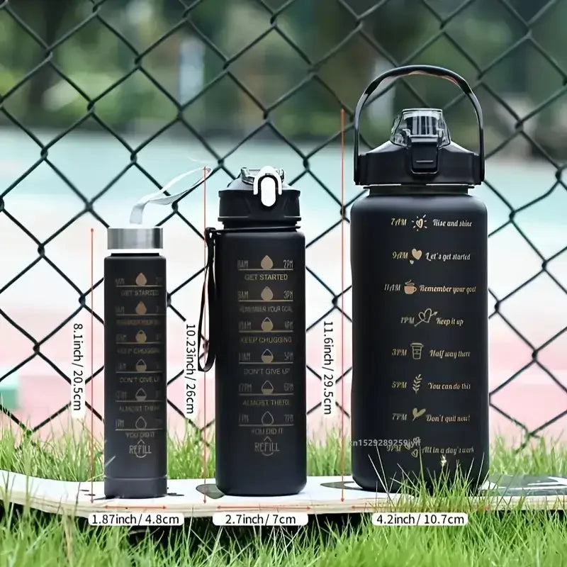 2000ml+900ml+300ml Motivational Water Bottle Set Large Capacity Tumbler with Straws Time Marker for Outdoor Sports