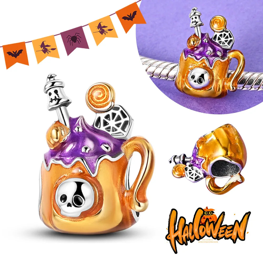 Halloween Charms 925 Sterling Silver Nightlight Pumpkin Skull Candy Witch bead for jewelry making Fit DIY Bracelet Pendant Women
