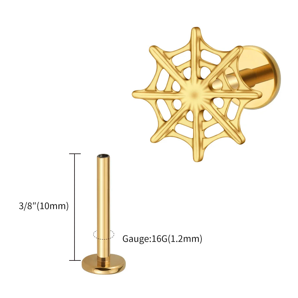 Right Grand ASTM F136 Titanium 16G Spider Web Stud Earring Cartilage Tragus Helix Conch Ear Lobe Flat Piercing Halloween Jewelry