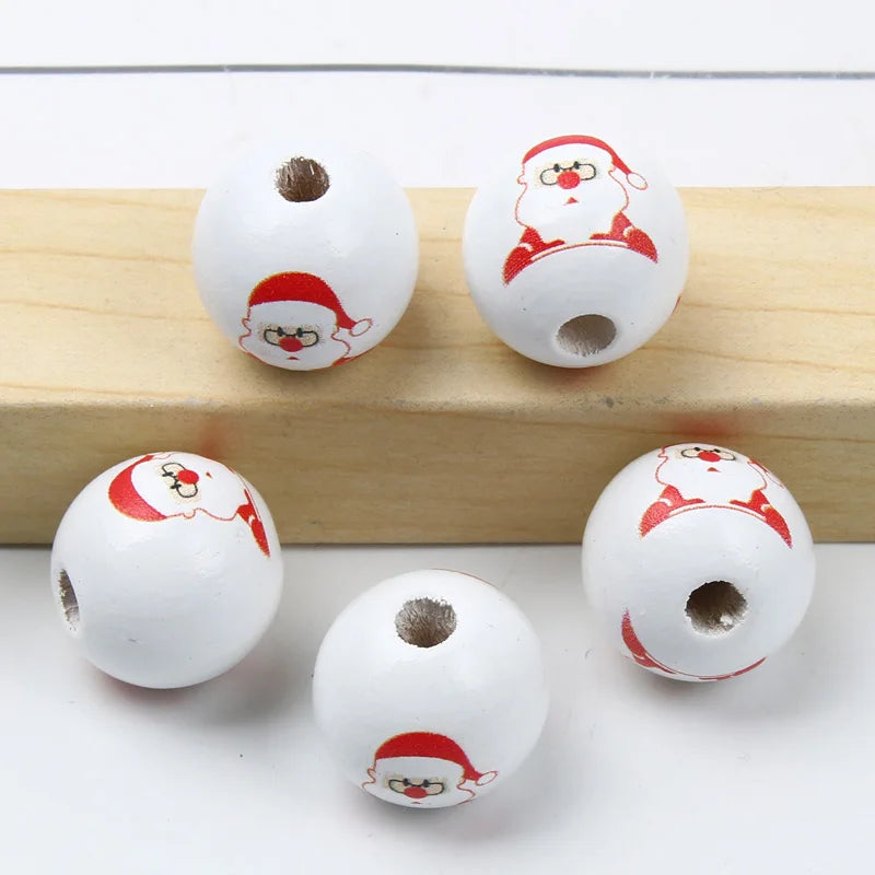 Round Balls Red Green Wooden Beads 15mm Cartoon Tree Letter Pattern Halloween Christmas Beads For Jewelry Making DIY Accessories