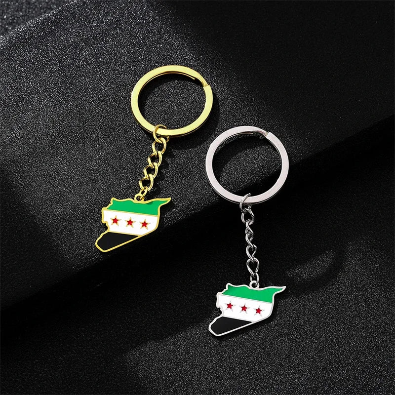 YILUOCD Stainless Steel Syria Map Flag Pendant Keychain Fashion Syrians Map Keyring for Women Men Chain Jewelry Gift