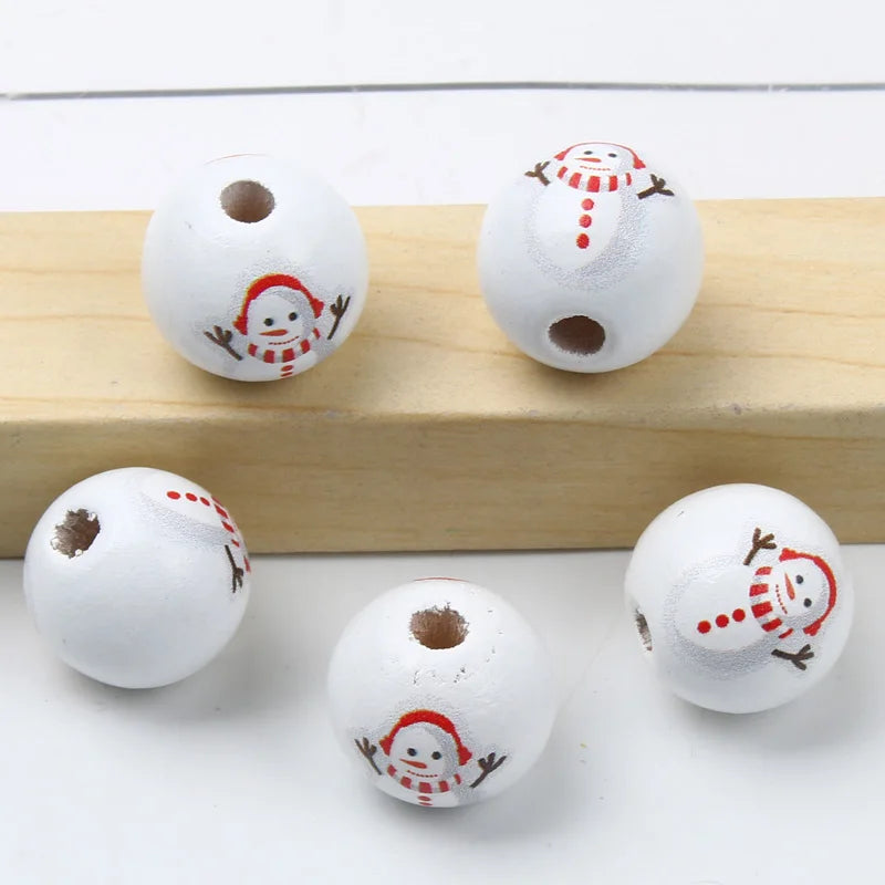 Round Balls Red Green Wooden Beads 15mm Cartoon Tree Letter Pattern Halloween Christmas Beads For Jewelry Making DIY Accessories