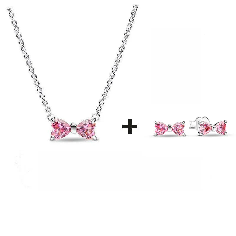 S925 Silver Valentine's Day Red Heart Charm Earring Snowflake Earrings Bow Heart Necklace DIY For Women Fine Jewelry Gift