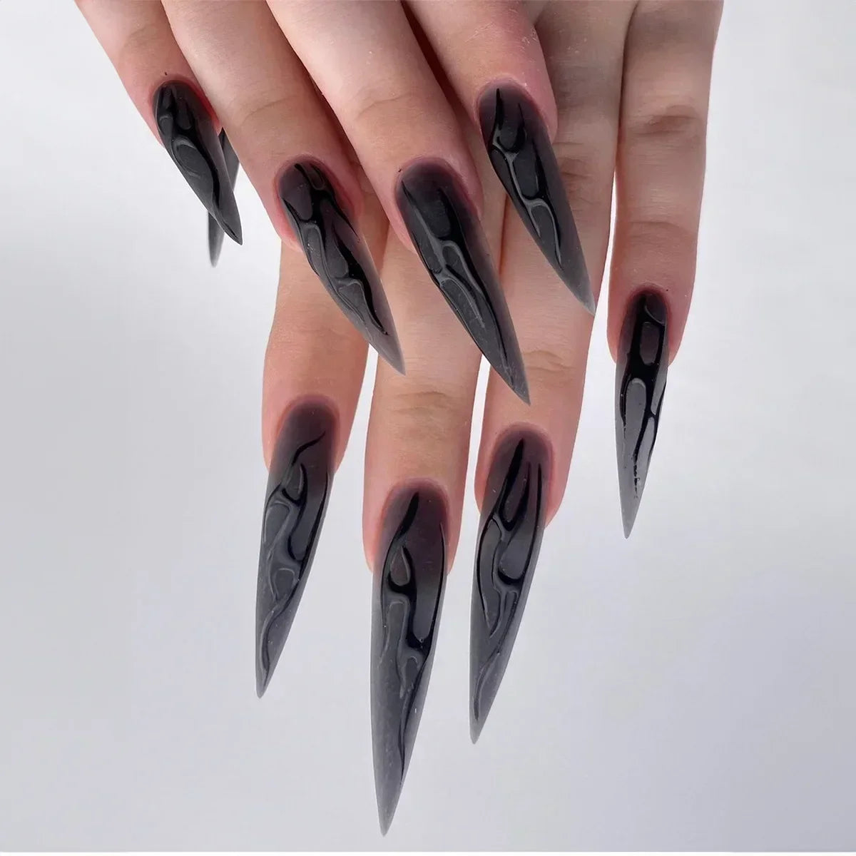 24pcs Halloween Fake Nails Black Red Gradient False Nails Dark Halo Wave Artificial Nails Wearable Long Stiletto Nail with Glue