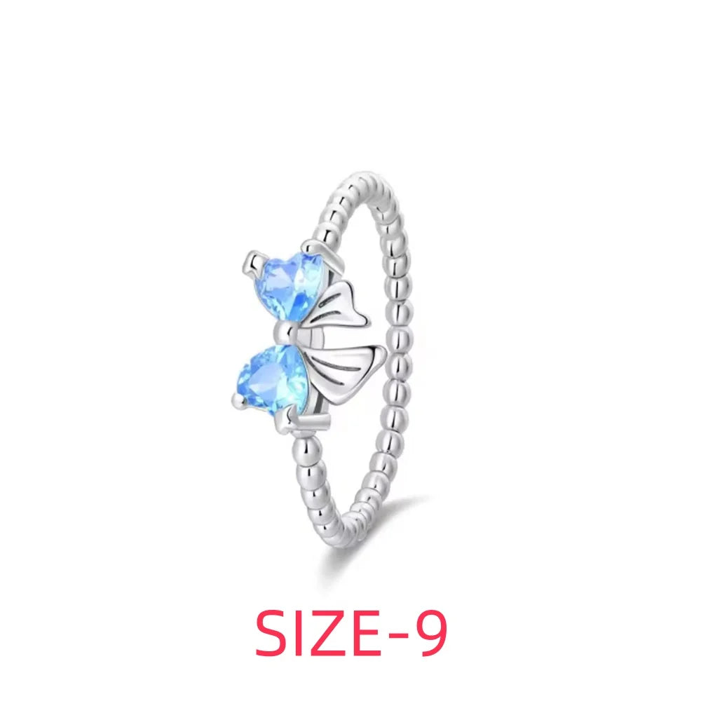 Original 925 Sterling Silver Colorful Bow Set Necklace Ring Earring Crystal For Women Valentine's Birthday Gift DIY Jewellery