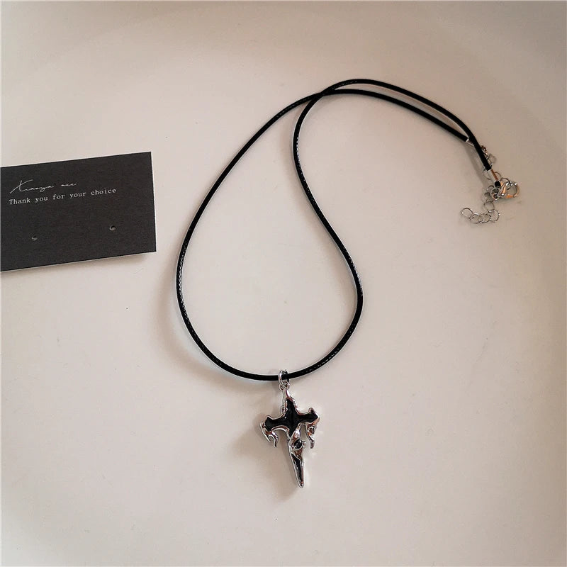 Gothic Trendy Y2K Black Cross Love Heart Pendant Rope Chain Necklace For Women Men Fashion Hip Hop Rave Gift Jewelry Accessories