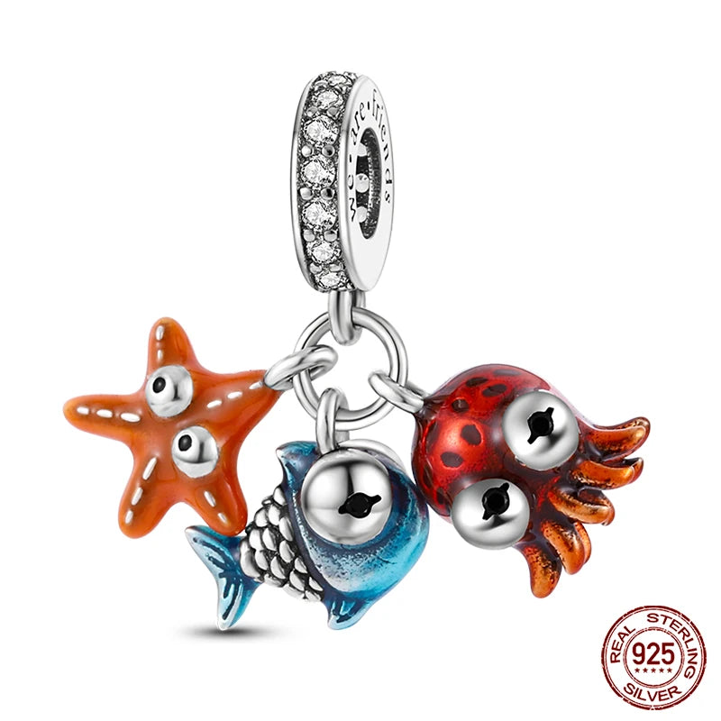 Original Ocean Series Fit 3mm Bracelet 100% Authentic 925 Sterling Silver Turtle Crab Mermaid Charm Beads DIY Jewelry Gift