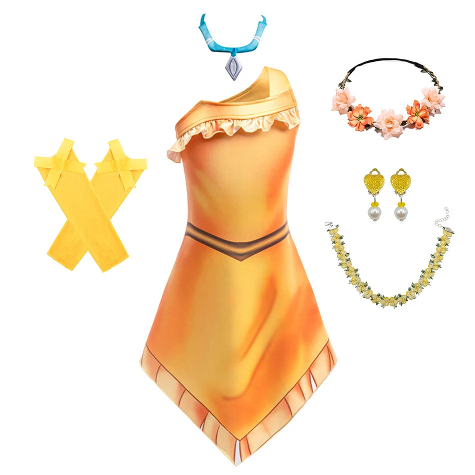 Girls Cosplay Princess Dress With Necklace Beach Indian Costume Kids Birthday Halloween Role Playing Matoaka Suspender Vestidos