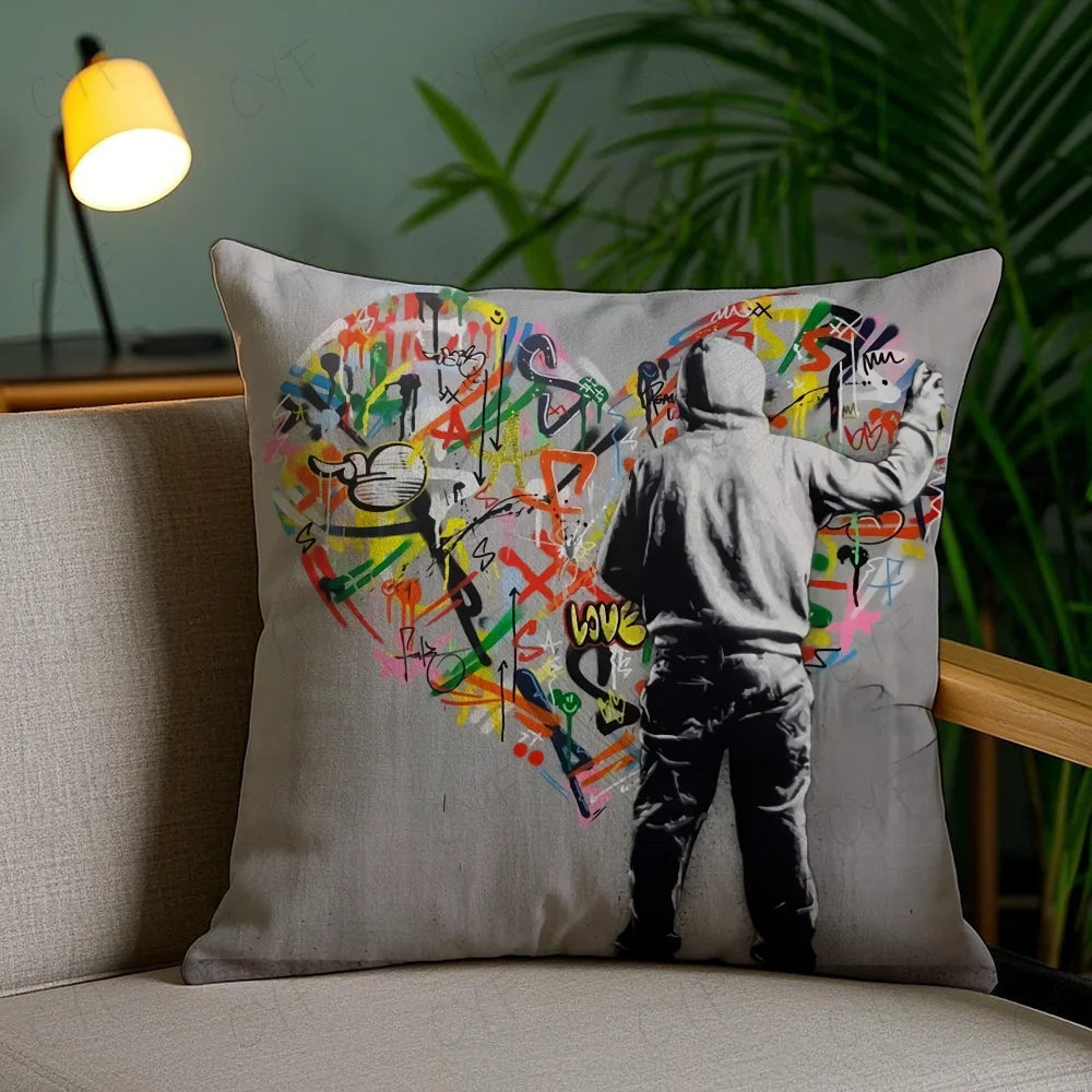 Banksy Street Graffiti Art Pillow Case Anti-dustmite Pillowcase Invisible zipper silky short plush Sofa cushion cover