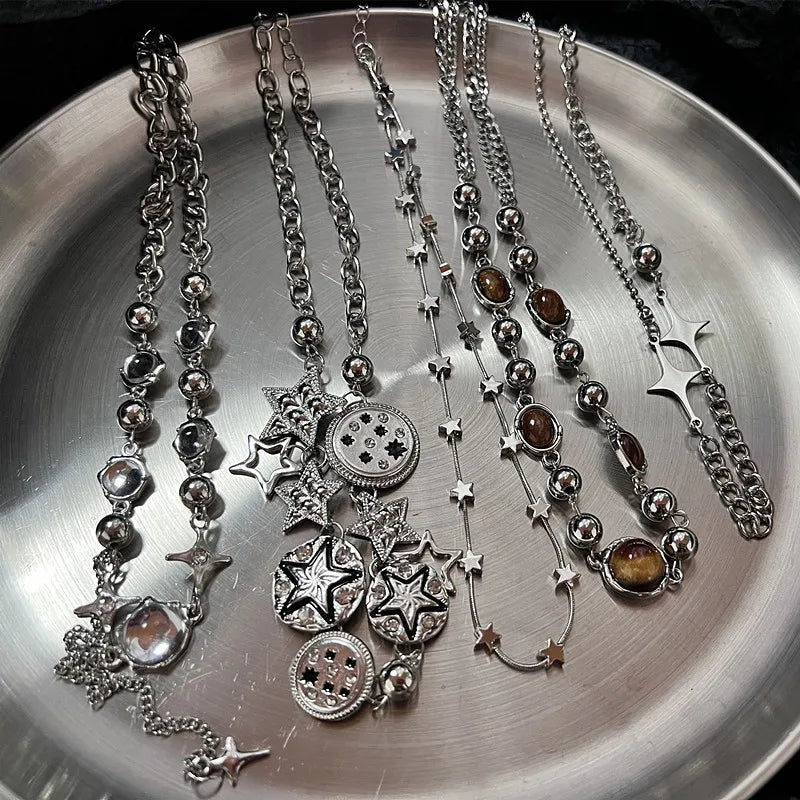 Punk Retro Button Star Pendant Necklace Trendy Delicate Silver Color Unisex Choker Personalised Luxury Jewelry for Women