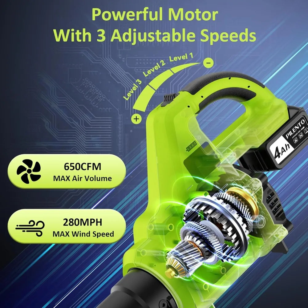 Leaf Blower Cordless with 2 x 4.0Ah Battery Operated and Fast Charger, 650CFM 280MPH Electric Leaf Blower, 3 Speed Mode