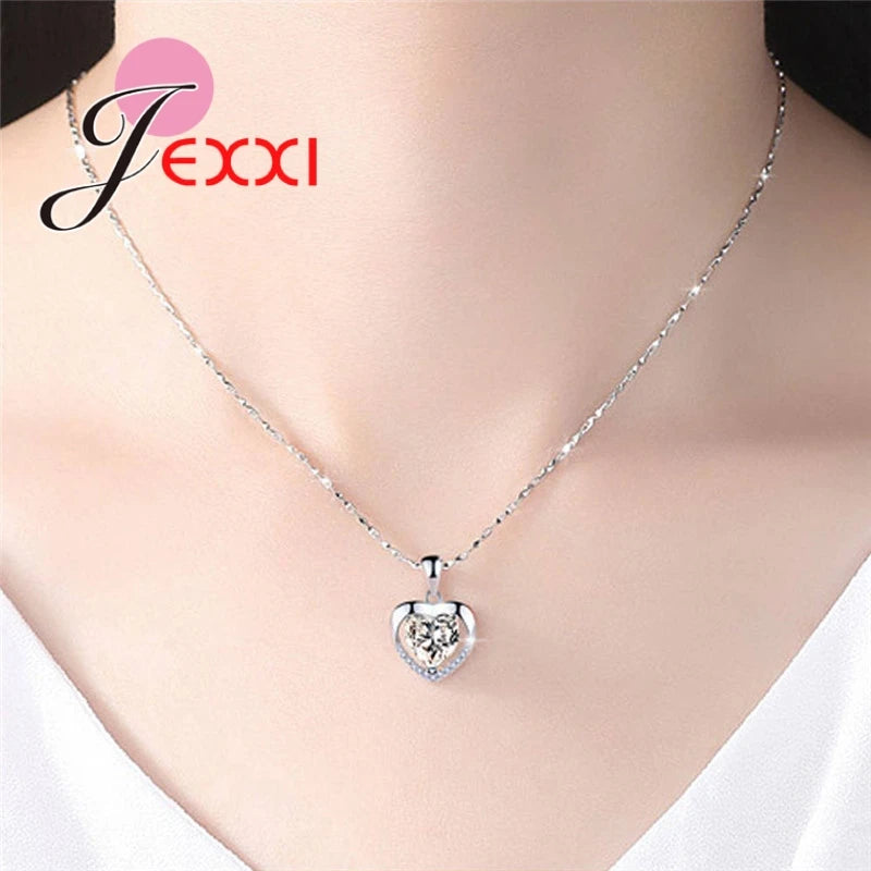 925 Sterling Silver Bridal Jewelry Heart Shape Pendant Necklace Chain Clear Crystal   For Wedding Party Birthday Gifts