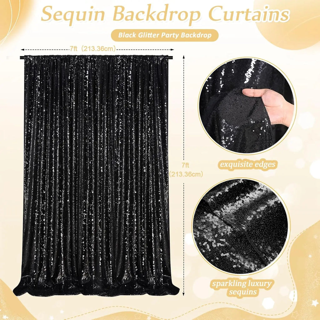 Black Sequin Backdrop Curtains 3Pcs-7ftx7ft Sparkly Background Drapes Photography for Halloween Party Birthday Wedding Decor