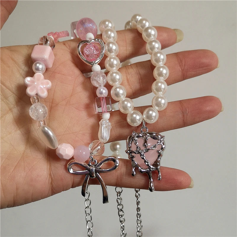 Kpop Goth Y2K Cute Pink Ribbon Bowknot Heart Pendant Pearl Beads Choker Necklace Girl Charm EMO 2000s Lolita Jewelry Accessories