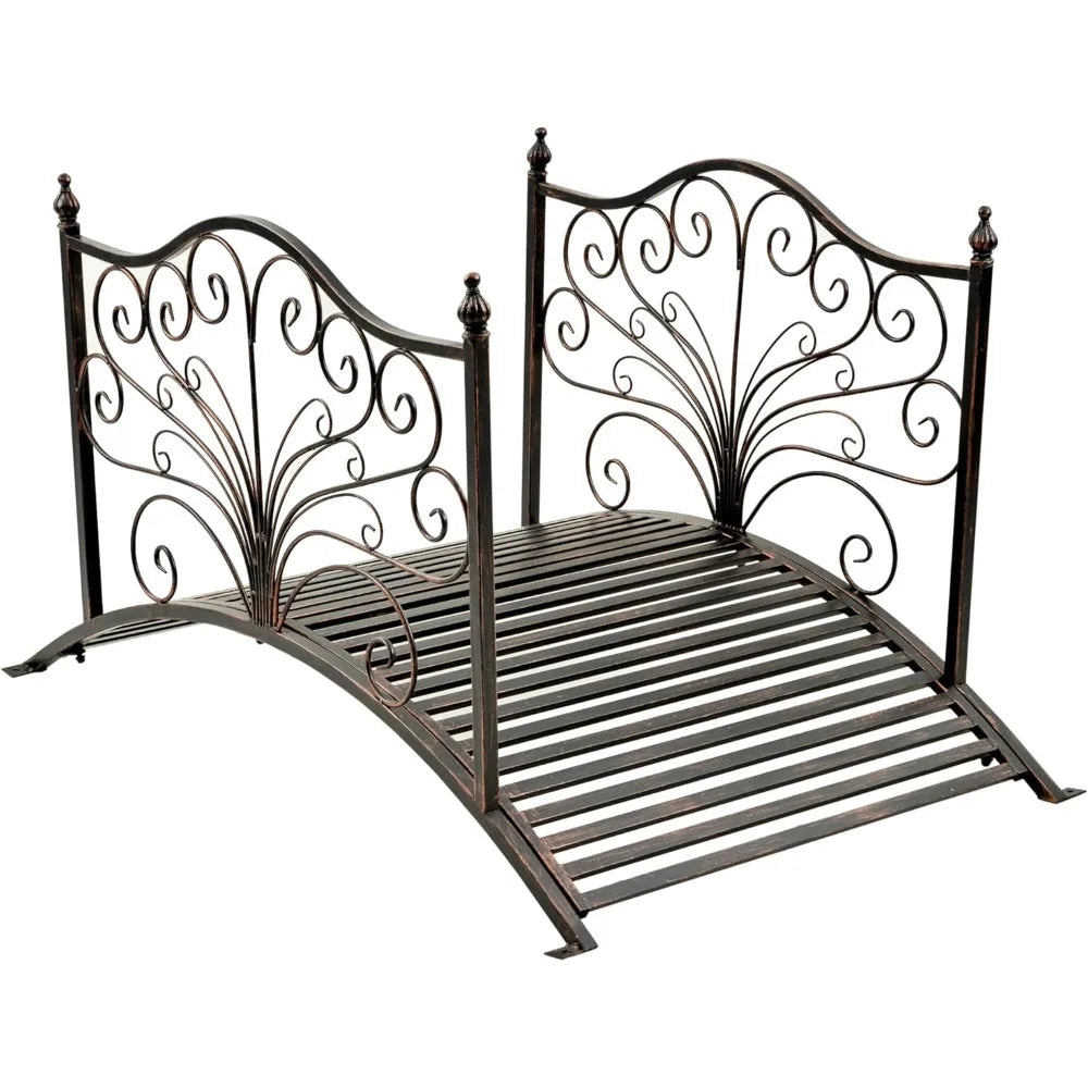 4FT Metal Garden Bridge with Side Rails, Outdoor Arch Footbridge with Scrollwork, 440 lbs Capacity, Easy Assembly for Yard, Lawn