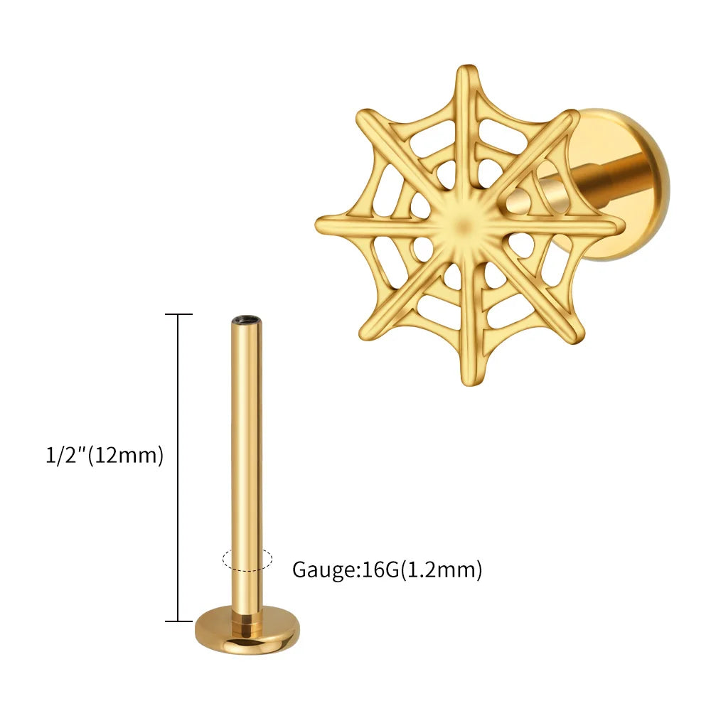 Right Grand ASTM F136 Titanium 16G Spider Web Stud Earring Cartilage Tragus Helix Conch Ear Lobe Flat Piercing Halloween Jewelry