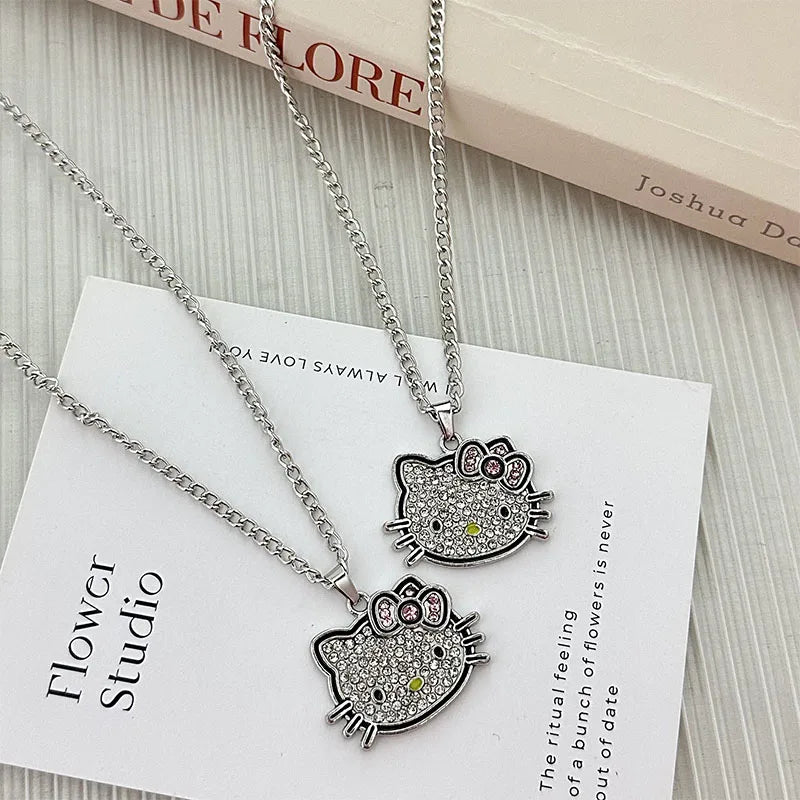 Hello Kitty Sanrio Fashion Necklace Silver Color Layer Shining Bling Women Clavicle Chain Elegant Charm Wed Pendant Jewelry Gift