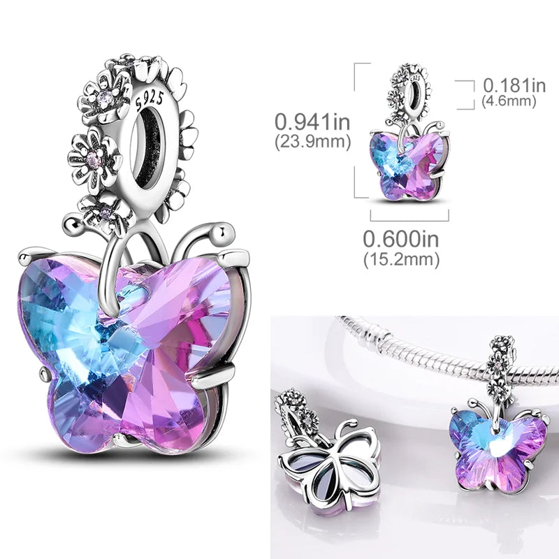 2025 Hot Sale Charms Bead 925 Sterling Silver Pink Butterfly Luminous Firefly Dangle Fit Bangle Bracelet Necklace DIY Jewelry