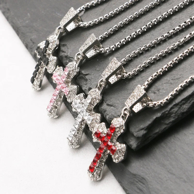 Rhinestone Cross Pendant Hip Hop Punk Necklace Jewelry