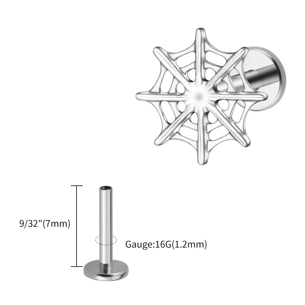 Right Grand ASTM F136 Titanium 16G Spider Web Stud Earring Cartilage Tragus Helix Conch Ear Lobe Flat Piercing Halloween Jewelry