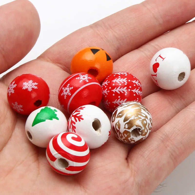 Round Balls Red Green Wooden Beads 15mm Cartoon Tree Letter Pattern Halloween Christmas Beads For Jewelry Making DIY Accessories