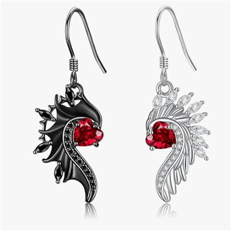 Punk Angel And Demon Wing Asymmetric Personality Earrings For Women Black White Simple Valentine's Day Gift Necklace Set