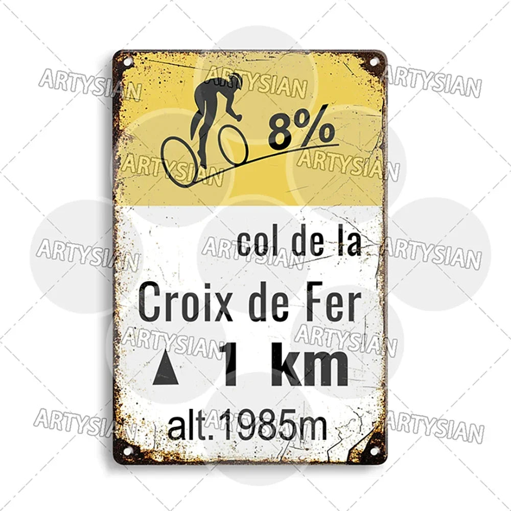 Tour de France Metal Sign Cycling Plaque Paves Du Paris Roubaix Col du Galibier Col de Sarenne Alpe d'Huez Mont Ventoux Glandon