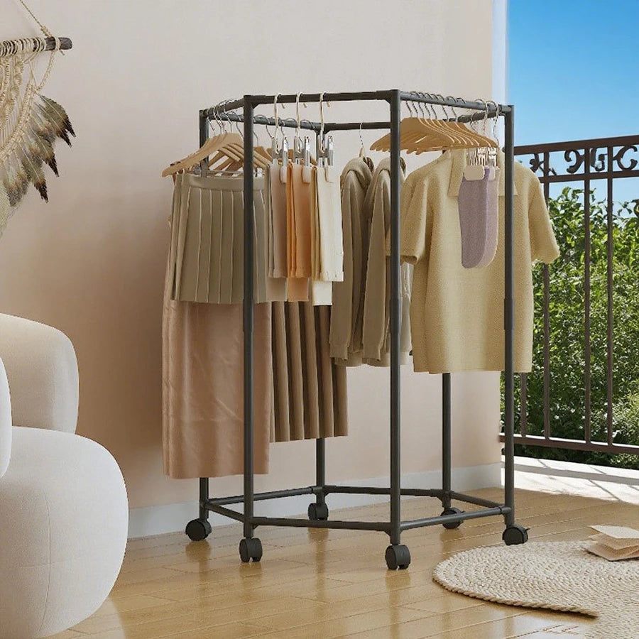 Hexagonal Rotating Clothes Rack on Wheels - Sturdy 16mm Metal Tube Freestanding, Space Saving Vertical Hanger for Dresses